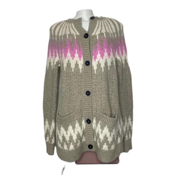 ABERCROMBIE & FITCH Wool Blend Fair Isle Nordic Cardigan Sweater Gray Pink S - Picture 5 of 16